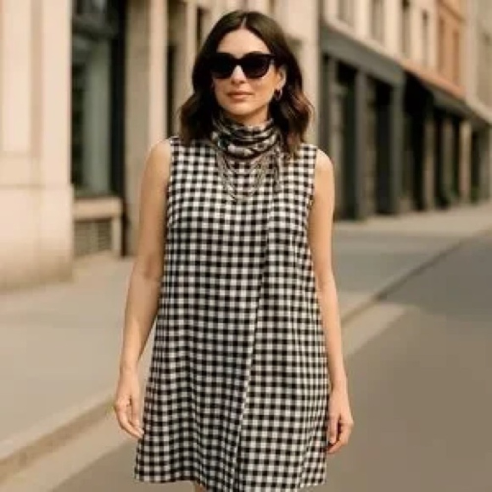 (B3) DKNY Black & White Gingham Front Fold‎ Sleeveless Loose Fit Shift Dress 6